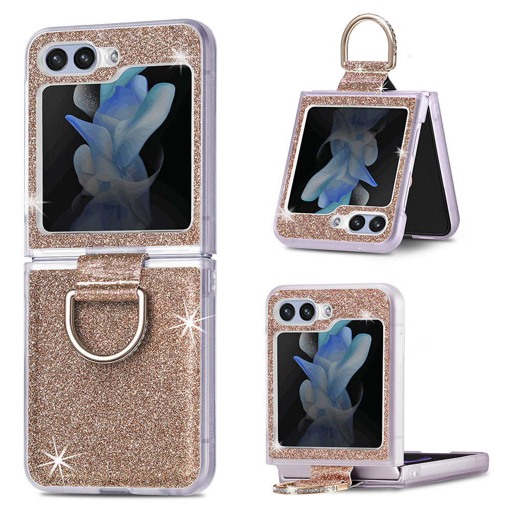 For Samsung Galaxy Z Flip5 5G Glitter Phone Case PU Leather Coated PC Cover with Rhinestone Decor Finger Ring For Samsung Galaxy Z Flip5 5G Glitter Phone Case PU Leather Coated PC Cover with Rhinestone Decor Finger Ring
